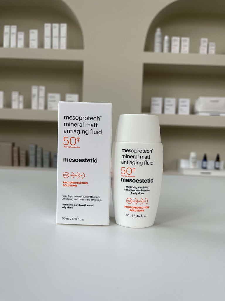 Mesoprotech Mineral Matt Antiaging Fluid is een lichte anti-aging emulsie met beschermingsfactor SPF 50+. De zijdezachte textuur geeft een matte uitstraling én versoepelt de huid | Voor 15:00 besteld, dezelfde dag verzonden!